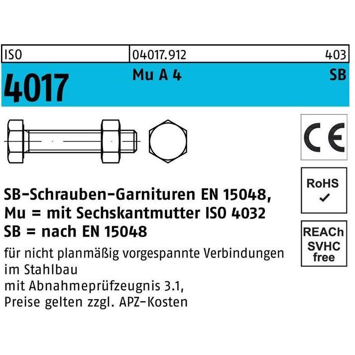 Bufab, Schrauben, Sechskantschraube ISO 4017 VG m.Mutter M 12 x 30 A 4-70 (50 Schrauben pro Stück)