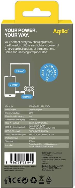 Immagine prodotto Aqiila Powerbird B10B - Powerbank 10000 mAh, 20W - Nero (10000 mAh, 20 W, 37 Wh)