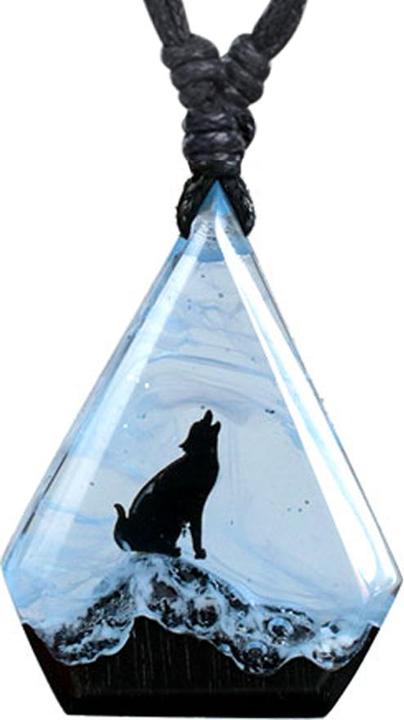 Image du produit Star Piercing Collier noir pendentif diamant loup en hiver époxy bleu en bois d'arang (sans laiton, Organique)