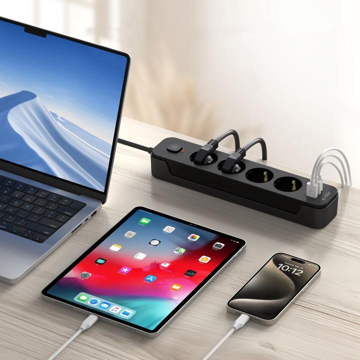 Actual product image Tech-Protect PCL4X3 Power Strip 4 Sockets 240V + 2xUSB-A + 1xUSB-C 200 cm - Black (4 x, USB-A, 2 m)