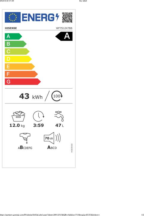 Label énergétique Hisense WF7S1247BB (12 kg, Gauche)