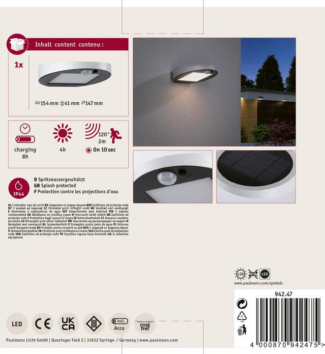 Image du produit Paulmann Applique murale solaire Ryse (145 lm, IP44)