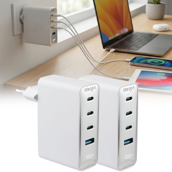 Ideoon 2er-Set 100W GaN III USB-Ladegerät mit 4 Ports, 3x USB-C & 1x USB-A, Schnellladegerät mit LED-Displa (100 W, 4 Ports)