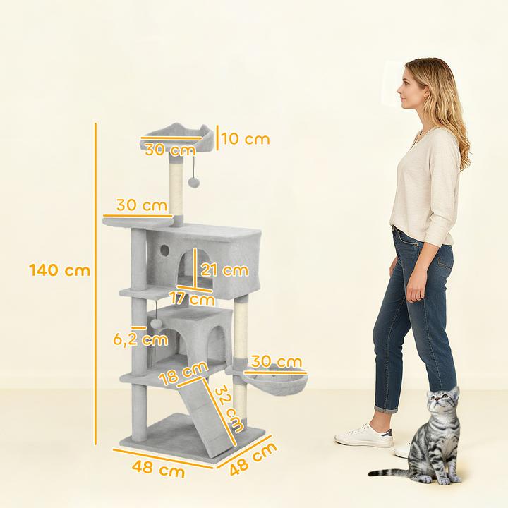 Produktbild PawHut Kratzbaum Spanplatte, Polyester Hellgrau (140 cm, Hellgrau+Cremeweiss)