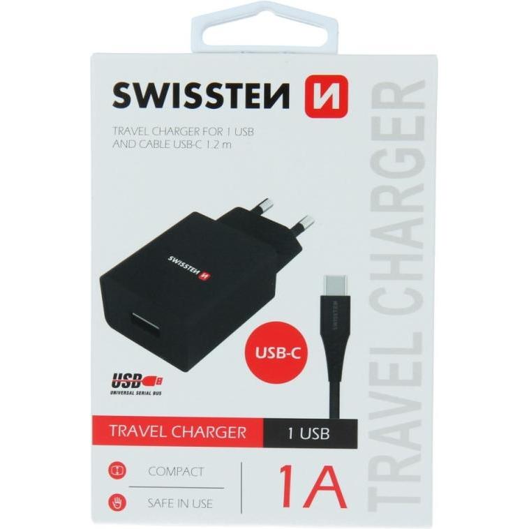 Thumbnail - Swissten USB Ladegerät Smart IC mit 1x USB 1A Power + Datenkabel USB / TYPE C 1,2 M (5 W), USB Ladegerät, Schwarz