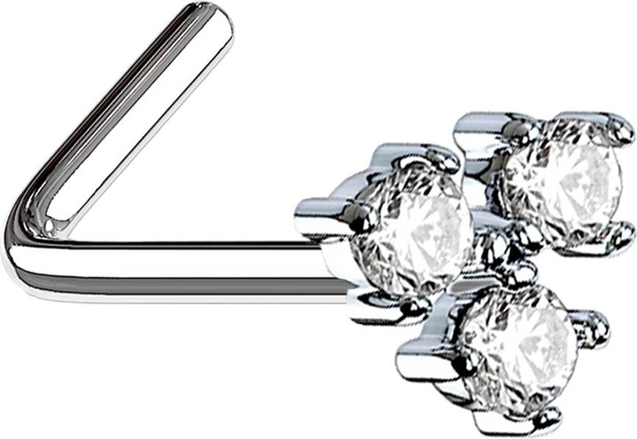Star Piercing Nasenstecker gewinkelt silber mit drei Kristallen silber (Messing, Chirurgenstahl 316L)