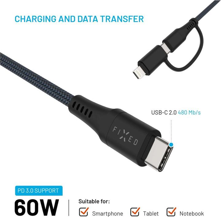 Actual product image Fixed Braided Cable USB-C/USB-C, Lightning Adapter, 3m, MFi, PD 60W, gray (3 m, USB 2.0, 60 W)