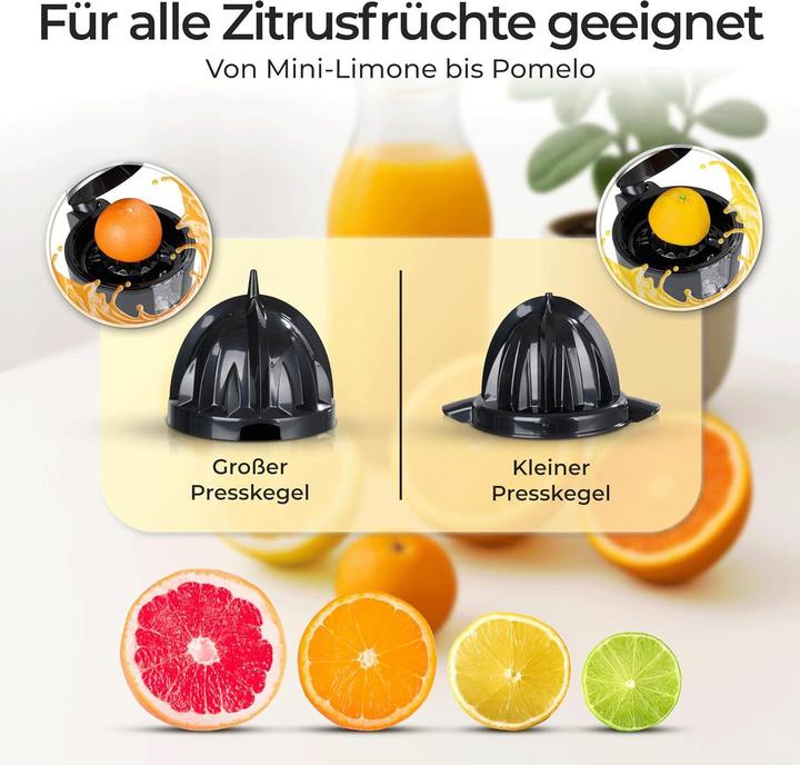 Produktbild KLAMER Saftpresse elektrisch mit zwei Presskegeln – Zitruspresse für Orangen, Zitronen, Limette…