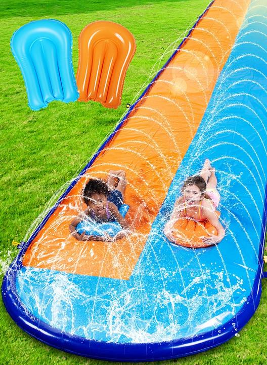 Sloosh Doppelte Rasen-Wasserrutsche mit Sprinkler und Boards
