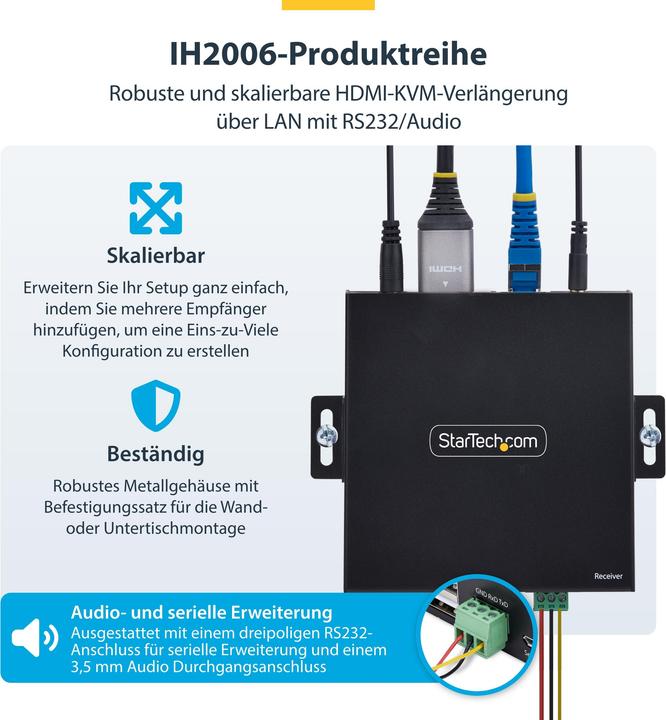 Image du produit StarTech .com IH2006-KVM-RX, Destinataire, Avec fil, 3840 x 2160 pixels, 60 Hz, Noir, Métal