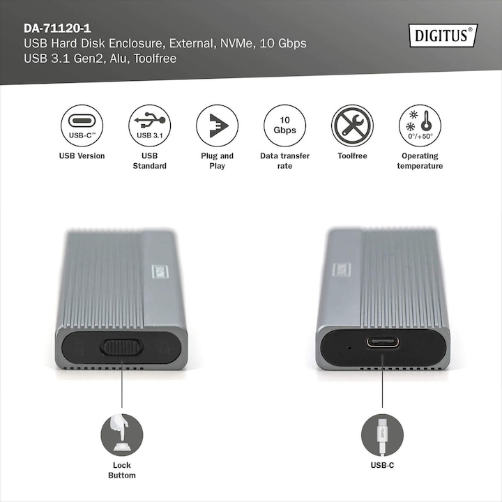 Actual product image Digitus USB M.2 hard disk enclosure, SSD, external, NVMe, 10Gbps, USB 3.1 Gen2, aluminum, toolfree (M.2 2242, M.2 2260, M.2 2280, M.2 2230)