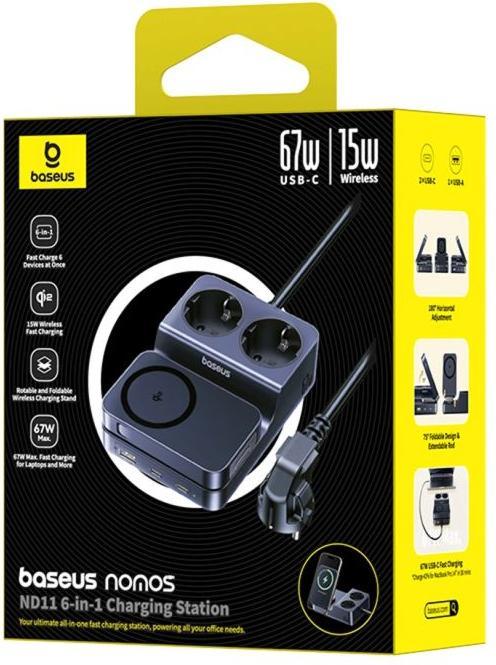 Productafbeelding Baseus Stacja ładująca NOMOS ND11 67W 6w1 bezprzewodowa z dwoma gniazdami AC - czarna