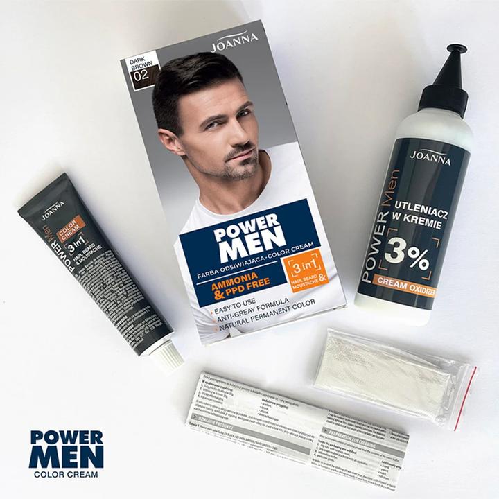 Productafbeelding Joanna Power Men Colour Cream 3In1 Haar Baard Snor 02 Donkerbruin 30G (Donkerbruin)