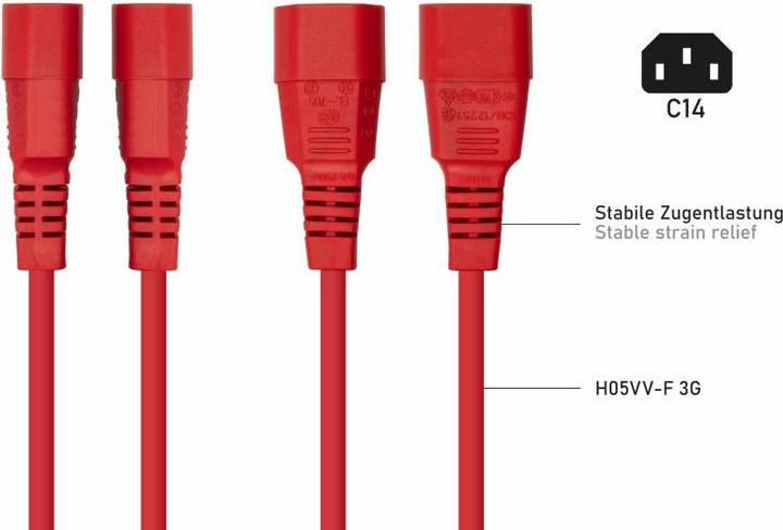 Productafbeelding Kabelmeister IEC apparaatverlenging IEC apparaatstekker C14 naar IEC apparaatcontactdoos C13, rood, 0,75mm² (2 m)