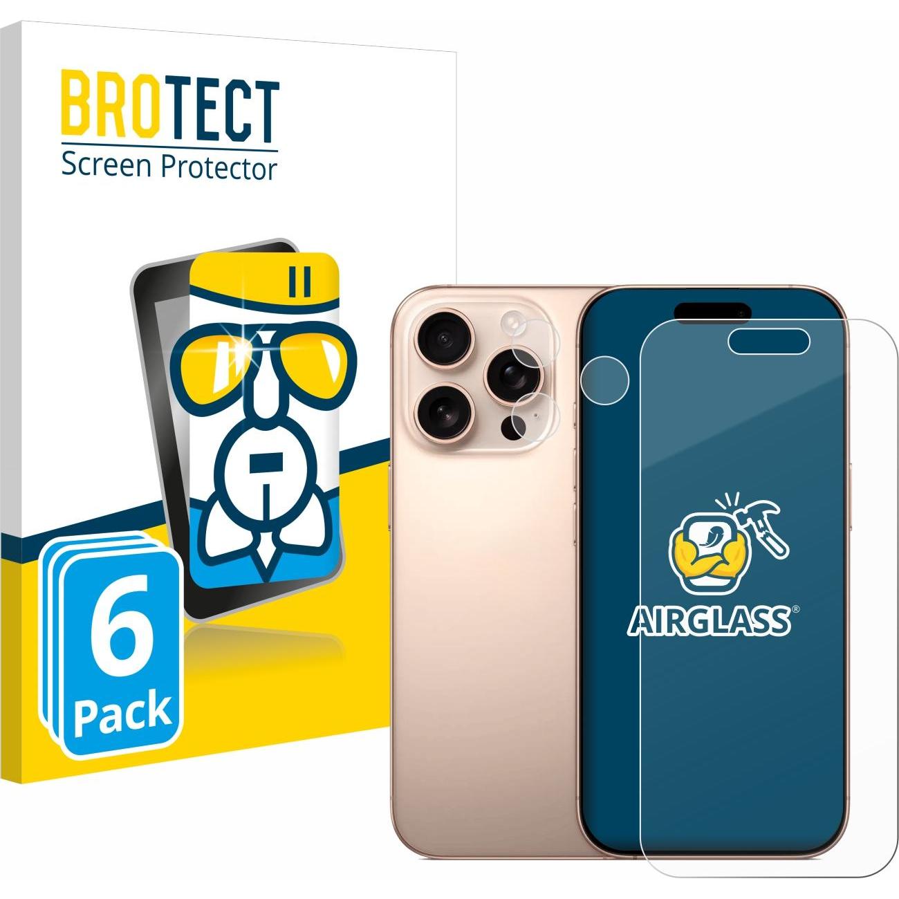 BROTECT Schutzglas Schutzfolie Glas Folie Displayschutz klar (6 Stück, Apple iPhone 16 Pro), Smartphone Schutzfolie, Tra...