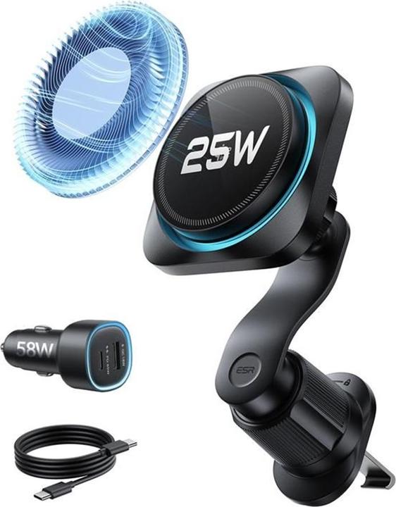 ESR Omnilock Cryoboost Magnetic Magsafe Car Mount Caricatore wireless Qi2.2 25w Nero