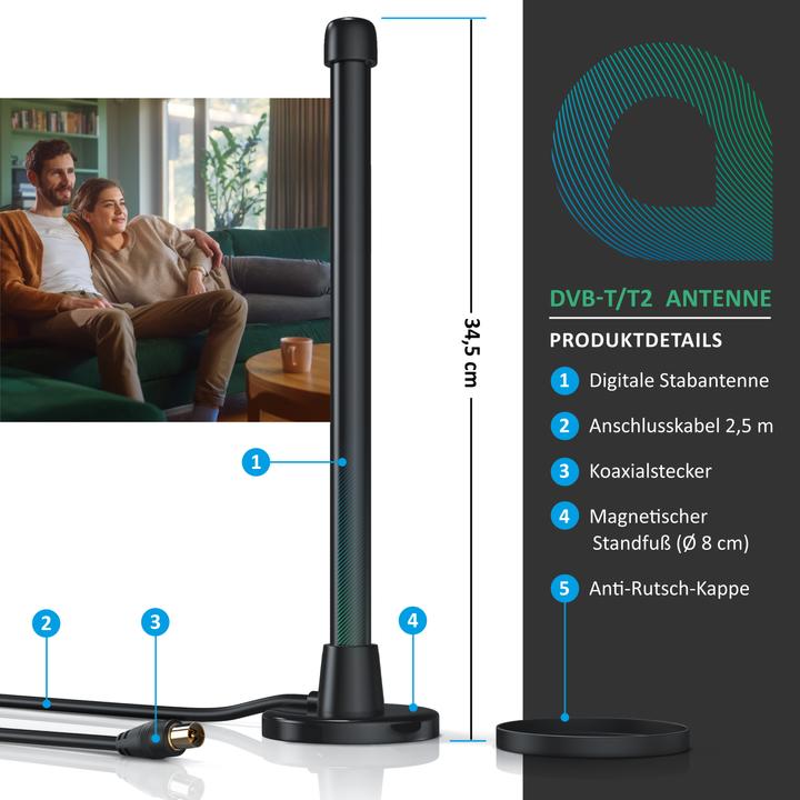 Actual product image Aplic DVB-T2 digital antenna, rod antenna with magnetic base, 6 dBi, high reception performance, DVB T2 (Monopole antenna, 6 dB, DVB-T / -T2)