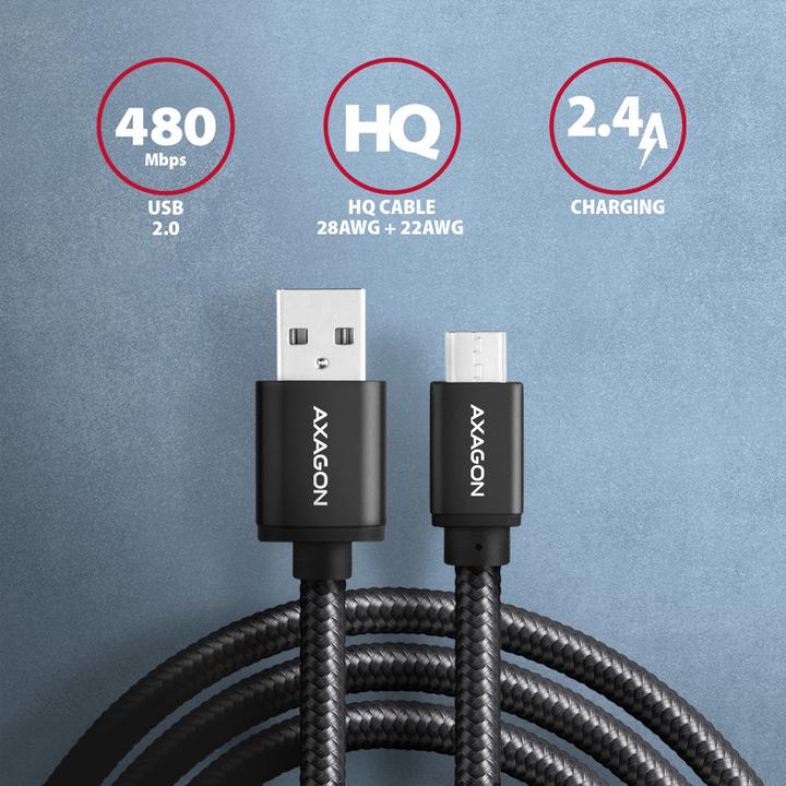 Image du produit Axagon BUMM-AM20AB Câble micro-USB vers USB-A 2.0 (2 m, USB 2.0)