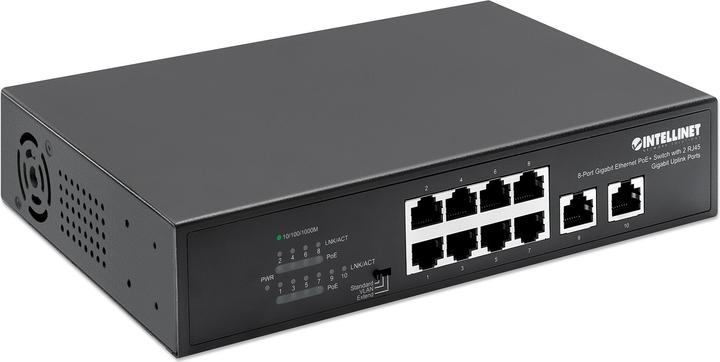 Actual product image Intellinet 8-Port Gigabit Ethernet PoE+ Switch with 2 RJ45 Gigabit Uplink Ports (8 ports)