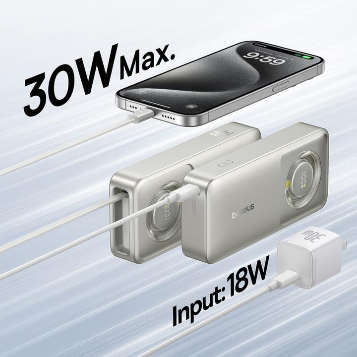 Image du produit Baseus Free2Pull 10000mAh 30W powerbank avec port USB-C et câble USB-C rétractable - gris (10000 mAh, 30 W, 37 Wh)