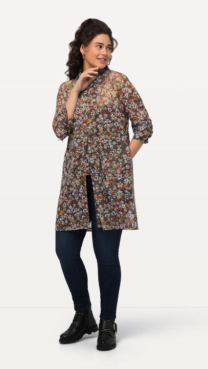 Image du produit Ulla Popken Blouse en tulle à col chemise et manches longues, ligne en A et motif millefleurs (50, 52)