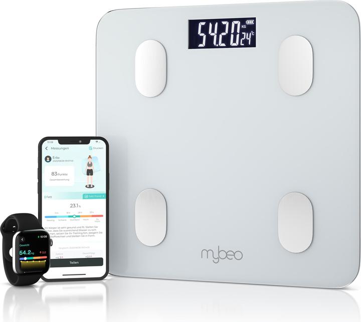 Produktbild Mybeo Körperwaage smart mit Bluetooth, Farbdisplay, Trend-Diagramm, Appsteuerung OKOK, weiss, max. 180kg (180 kg)