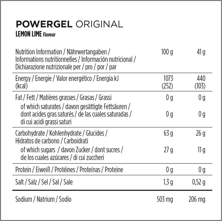 Nutritional values and ingredients Powerbar PowerGel Multiflavour Box (Lemon, Sweet lime, Raspberry, Pomegranate, Green Apple, Mango, Caffeine, Passion fruit, 12 pcs., 492 g)
