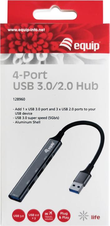 Produktbild equip USB-Hub 4-Port 3.0 ->1x3.0,3x2.0 o.Charger grau (USB-A, 4 Ports)