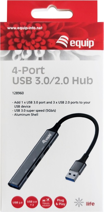 Actual product image equip USB hub 4-Port 3.0 ->1x3.0,3x2.0 o.Charger grey (USB-A, 4 Ports)