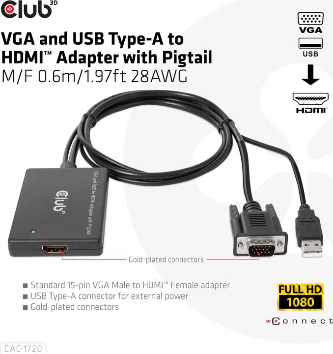 Produktbild Club 3D Club3D Adapter VGA + USB-A > HDMI St/Bu (HDMI, USB, VGA, 60 cm)