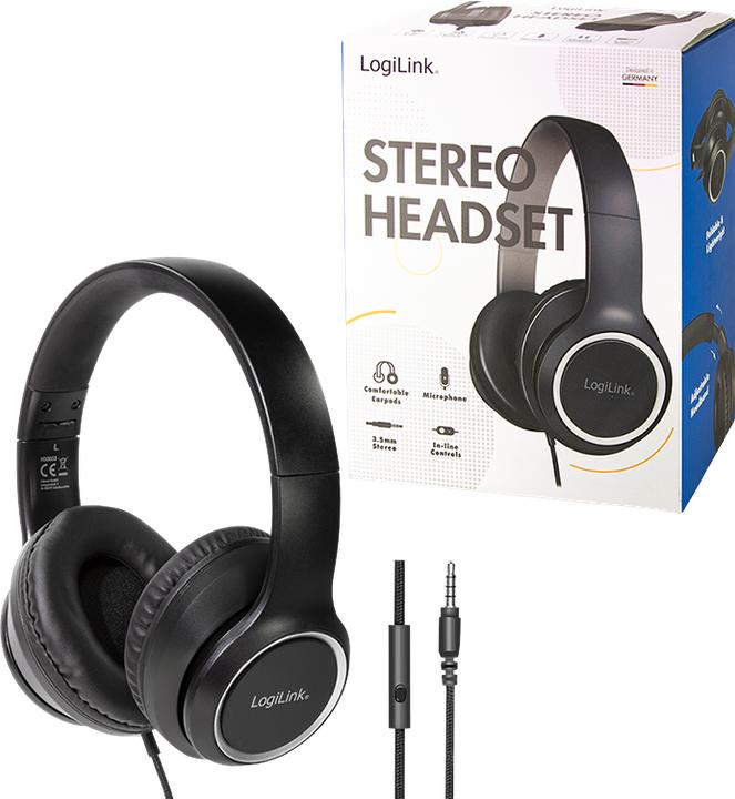Actual product image LogiLink Stereo headset high quality, with microphone, black Connection: 3.5 mm jack plug, integrated Bed (Cable)