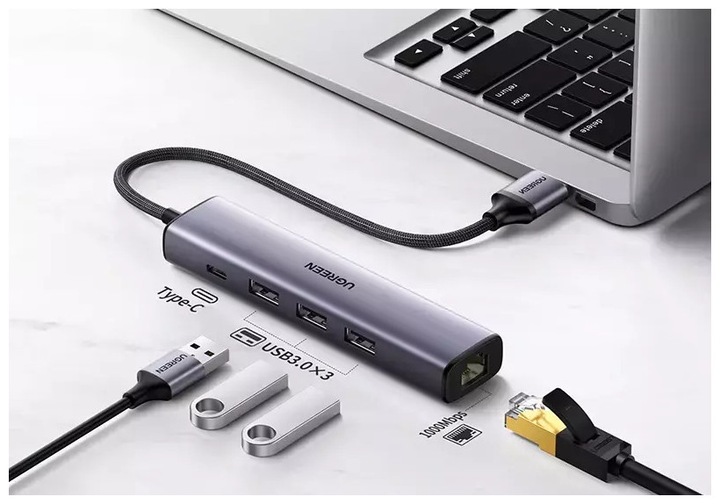 Actual product image Ugreen Gigabit Ethernet Adapter Hub mit USB PD (USB-C, 4 Ports)