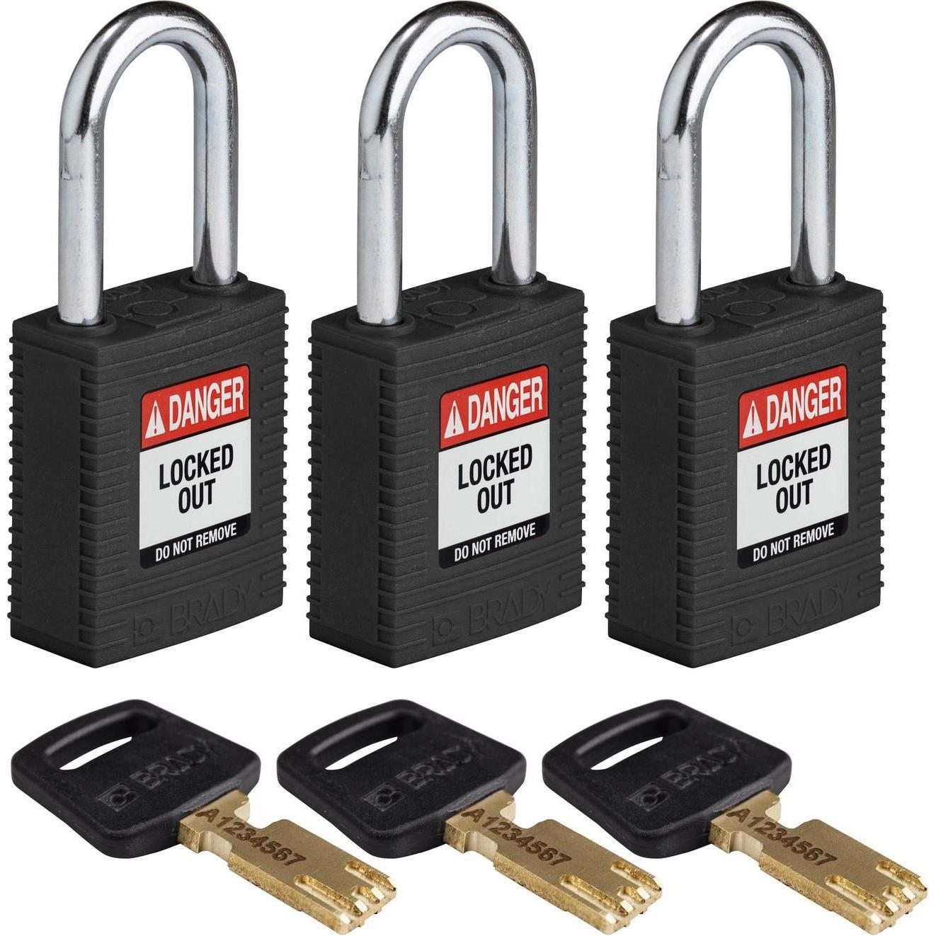 Brady, Vorhängeschloss, Safekey Nylon-Sicherheitsschloss mit Stahlbügel, Schwarz, 38 mm Bügelhöhe, 6.4 mm Bügeldurch