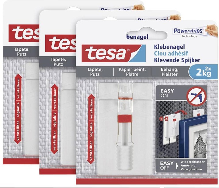 tesa Klebehaken Verstellbarer Klebenagel für Tapeten und Putz