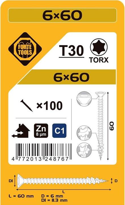 Produktbild Forte tools CHIPBOARD SCR T30 6.0X60 WHITE ZN(100) (100 Schrauben pro Stück)