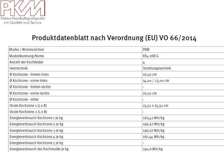 Nährwerte und Zutaten PKM Kochfeld Autark Glaskeramik KF4-2KB G