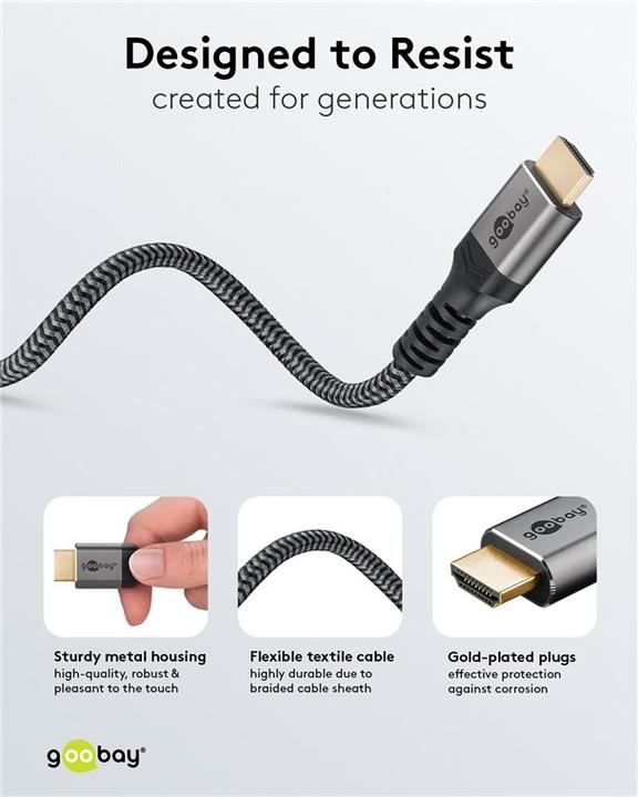 Productafbeelding Goobay High-speed HDMI-kabel met ethernet, 10 m, Sharkskin grijs (10 m, HDMI)