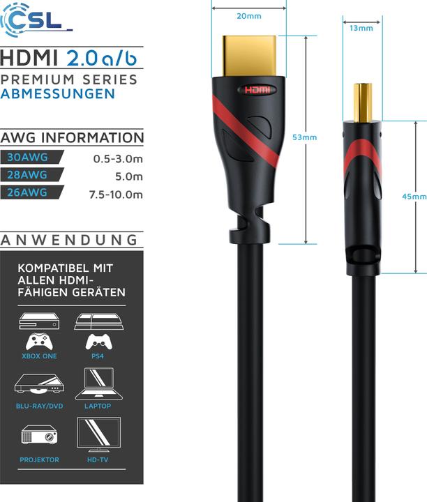 Actual product image CSL HDMI cable 2.0b - 4k 60Hz Ultra HD - Ethernet - Highspeed - Full HD - 3D - ARC - 3 x shielded (3 m, HDMI)