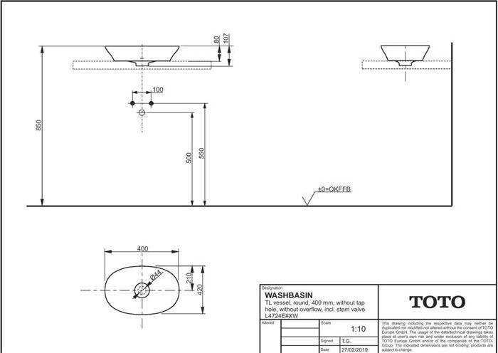 Actual product image TOTO TL Countertop washbasin rd o HL without overflow 107x400x260mm white (260 mm, 400 mm)
