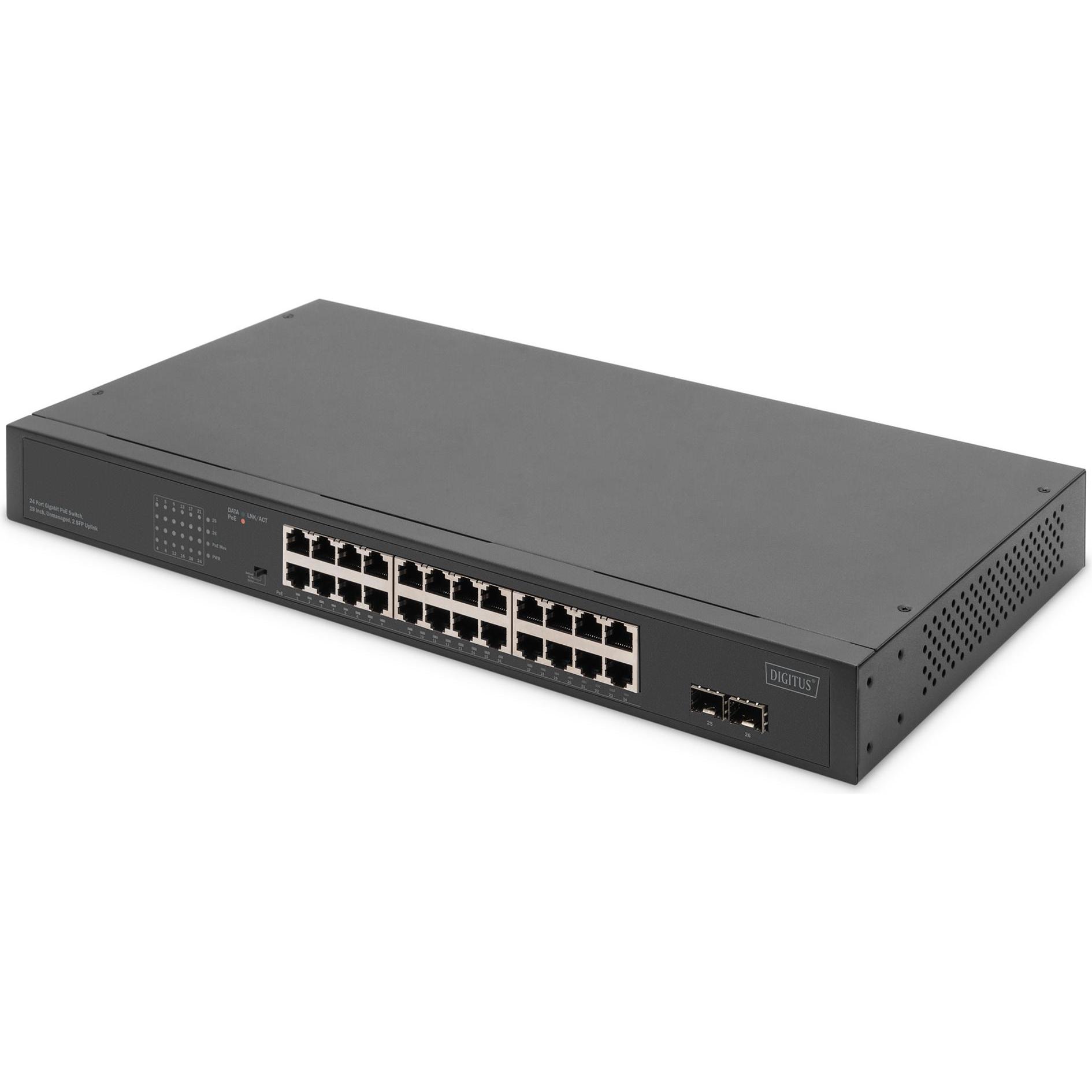 Digitus 24-Port Gigabit Netzwerkswitch, 19 Zoll, unmanaged,2 Uplink Ports, SFP (24 Ports), Netzwerk Switch, Grau