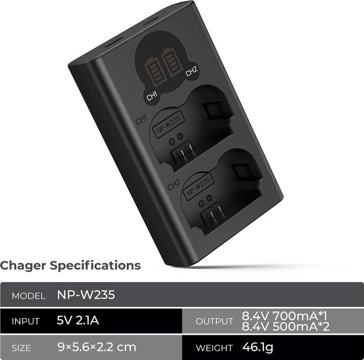 Produktbild K&F Concept NP-W235 Digital Camera Dual Channel Type-C Charger with LCD Digital Display Screen (Kamera Akku Ladegerät)