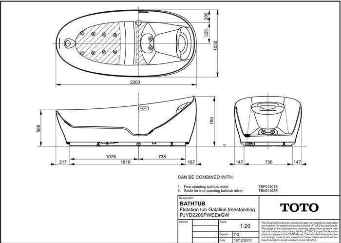 Image du produit TOTO FLOATING Baignoire autoportante blanche (293 l, 220 cm, 105 cm)
