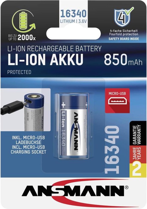 Actual product image Ansmann 16340 Li-Ion battery (1 pcs., 16340, 850 mAh)