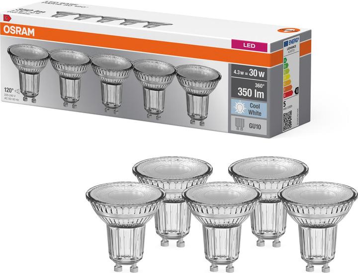Productafbeelding Osram LED BASE PAR16 50 niet-dim 36° 4,3W/840 GU10 Box M5 (GU10, 4.30 W, 350 lm, 5 x, G)