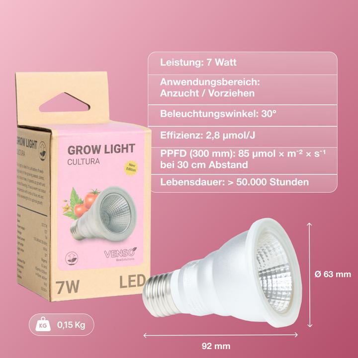 Image du produit Venso EcoSolutions Lampe à plantes E27 "Cultura" 7W 60 °, photosynthèse améliorée et formation de ch (LED, 240 V)