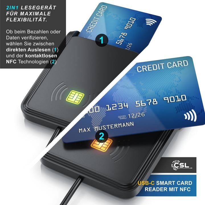 Produktbild CSL Chipkartenleser, SmartCard Reader USB C, NFC, SIM Kartenlesegerät, Personalausweis, Bankkarten uvm. (USB-C)