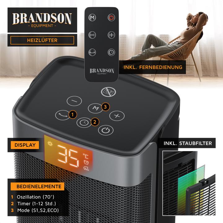 Actual product image Brandson Keramik Heizlüfter 2000W, 70° Oszillation, Kippschutz, Temperatureinstellung 10-35°C, schwarz/silber (2000 W)