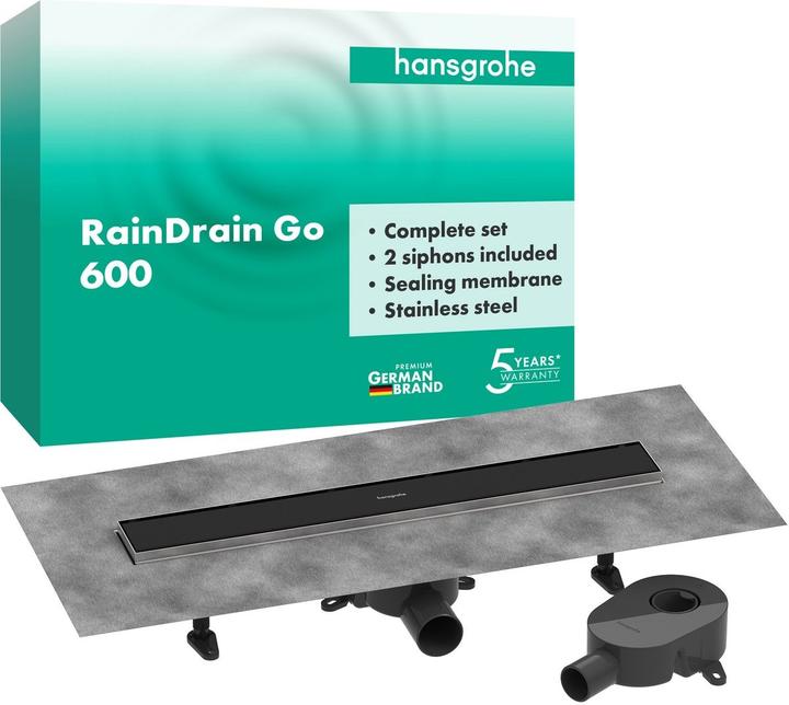 Produktbild hansgrohe raindrain go - douchegoot 60 cm met dubbelzijdig rooster, voor tegelinzet, mat zwart (600 mm)