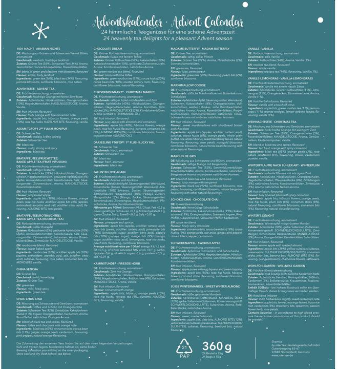 Valeurs nutritives et ingrédients Creano Calendrier de l'Avent