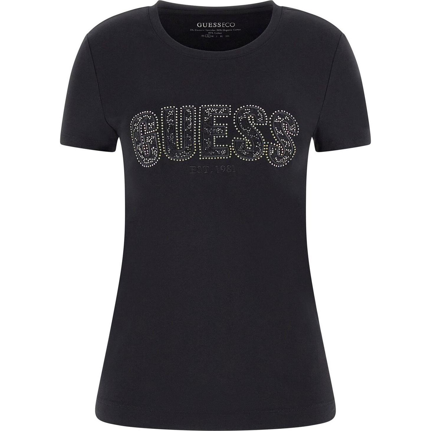 Guess, Damen, Shirt, Damen T-Shirt mit Rundhalsausschnitt aus Spitze, Schwarz, (M)